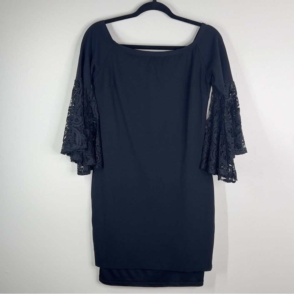 Bar III Women’s Large Black Midi Dress Lace Bell Sleeve